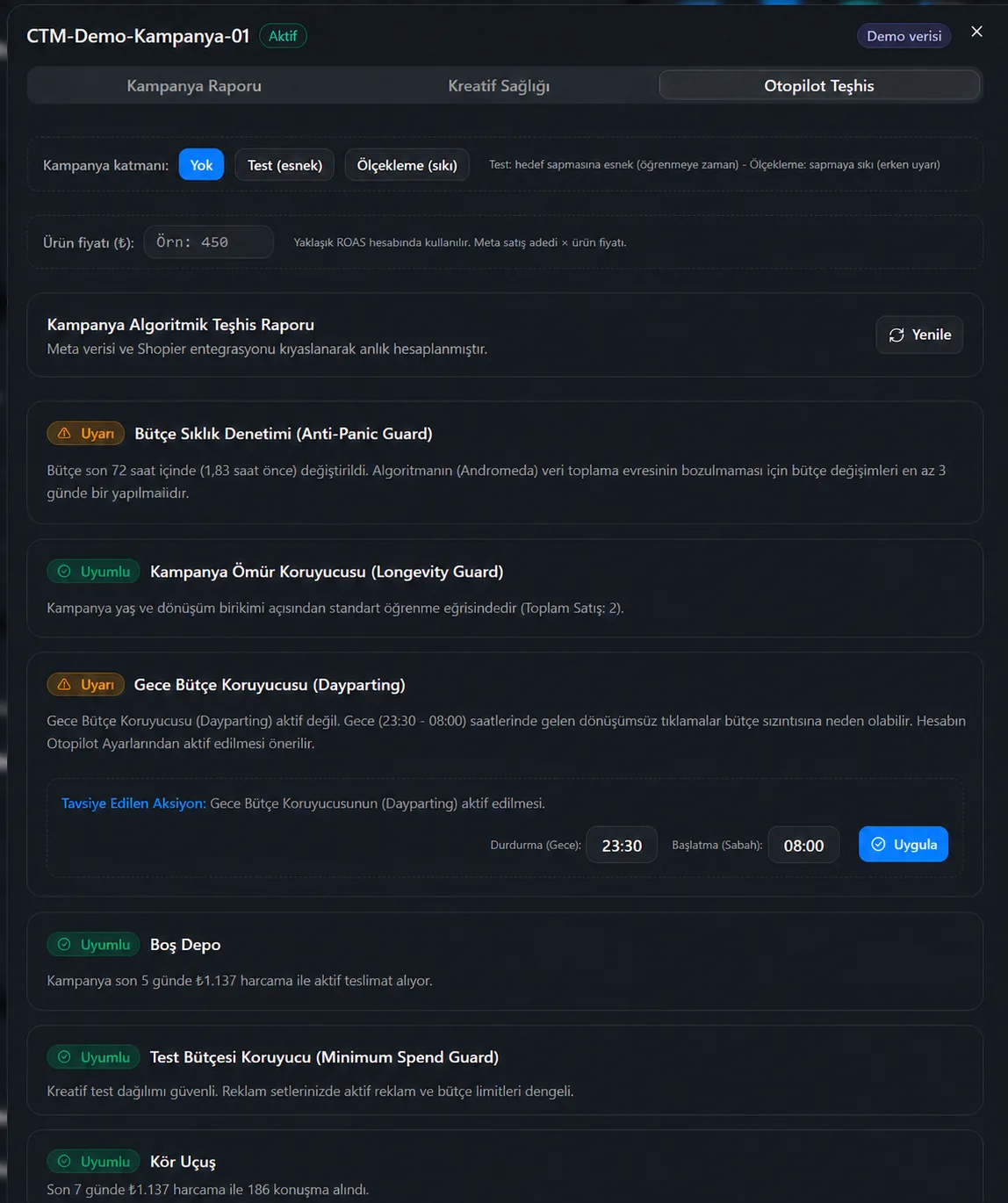 KOKPIT Otopilot Teşhis ekranının anonimleştirilmiş demo görünümü